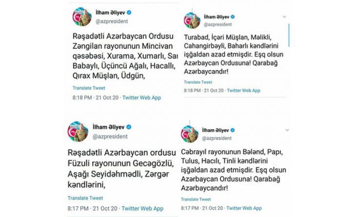 1 qəsəbə, 21 kənd işğaldan azad edilib